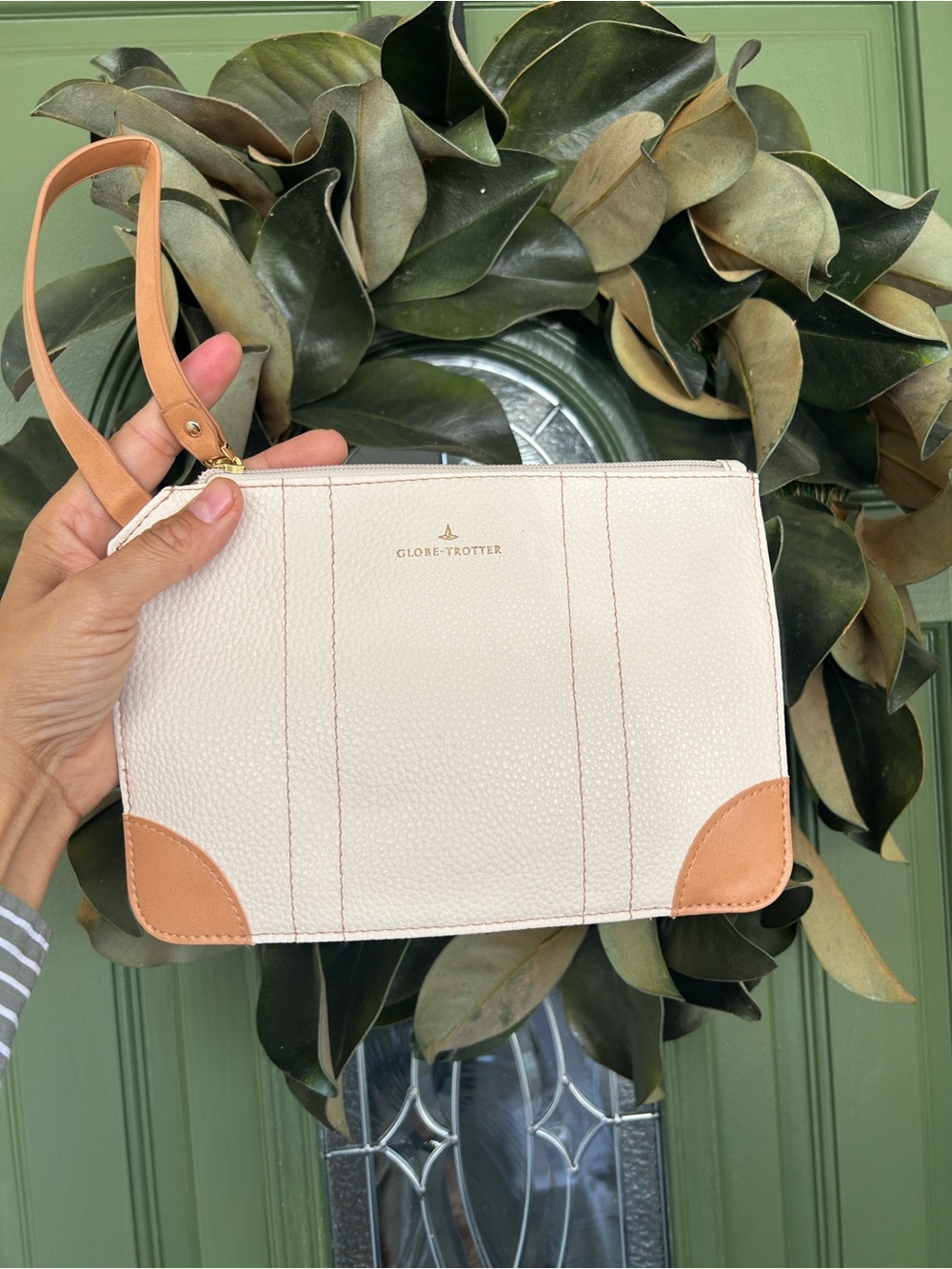 Globe-Trotter Cream & Tan Leather Wristlet Clutch